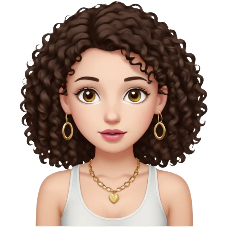 white girl with long dark brown curly hair with a little volume wearing a white tank top. Blush on the cheeks and big eyelashes and a brown-pink lip combo. gold hoops as earrings(medium size)  and a small gold hoop for a nose ring  and a square small denty gold necklace  emoji