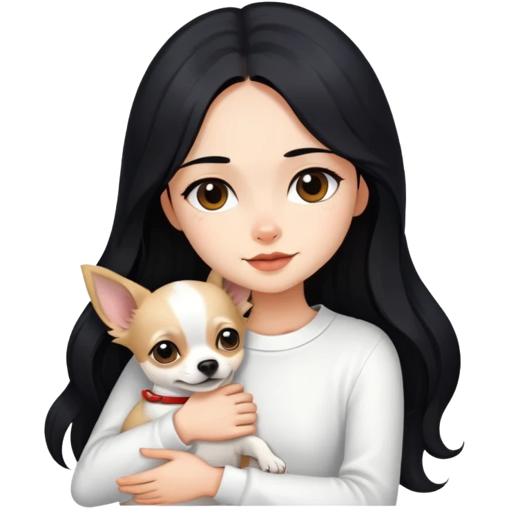 Fair skin girl - long black hair - white clothes - hugging a chihuahua emoji