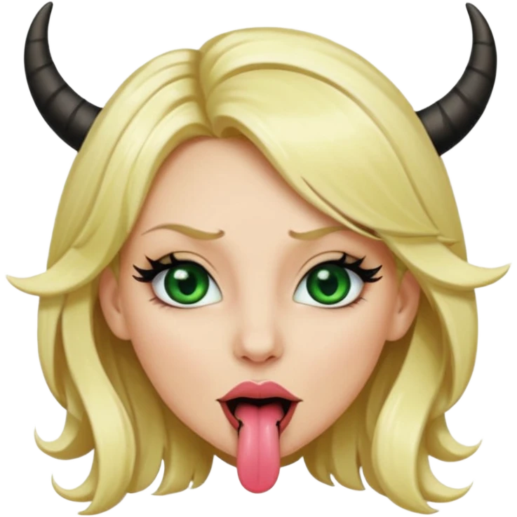 Emoji femme blonde habillée en noir cheveux blond, yeux vert avec de long cils noir qui tire la langue et à des cornes  emoji