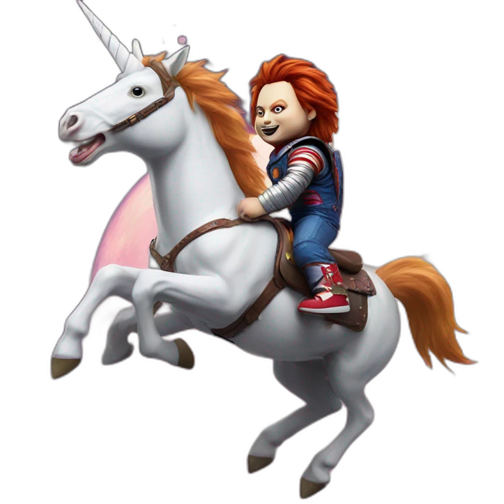 Chucky on a unicorn flying to the moon emoji