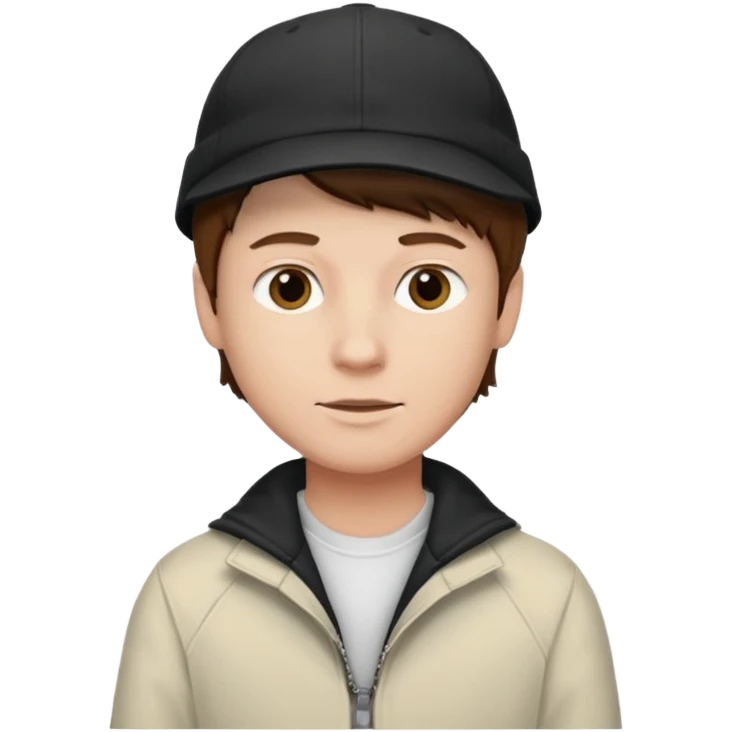 Créame a un chico blanco con gorra negra con el pelo castaño y qué tenga una chaqueta blanca emoji