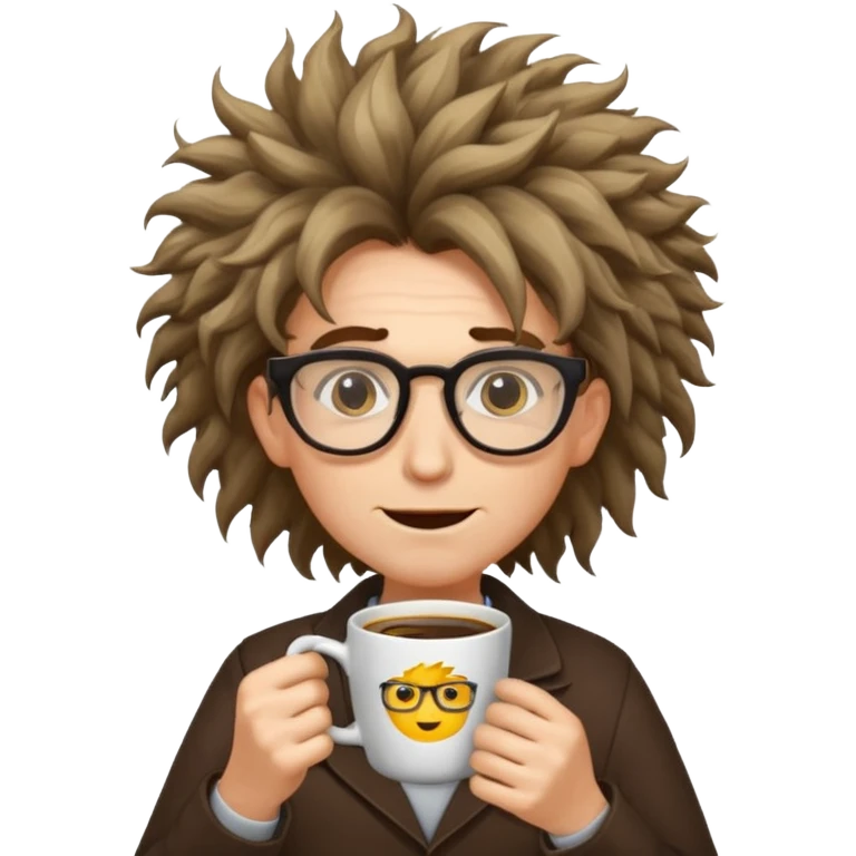 crazy programmer with wild hair, glasses, holding coffee, emoji style emoji
