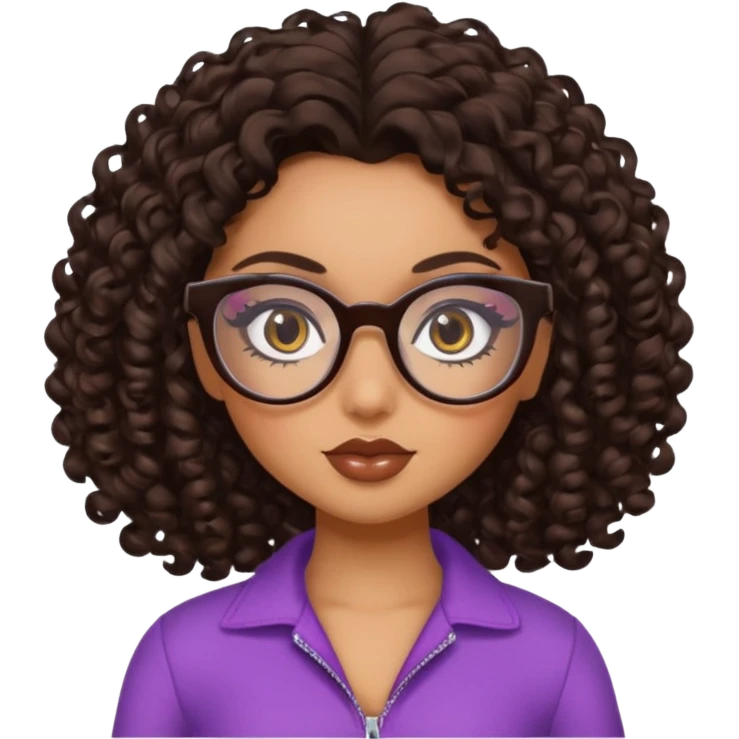 pretty bratz baddie, dark brown curly hair, brown eyes, glasses, pretty eyeliner emoji