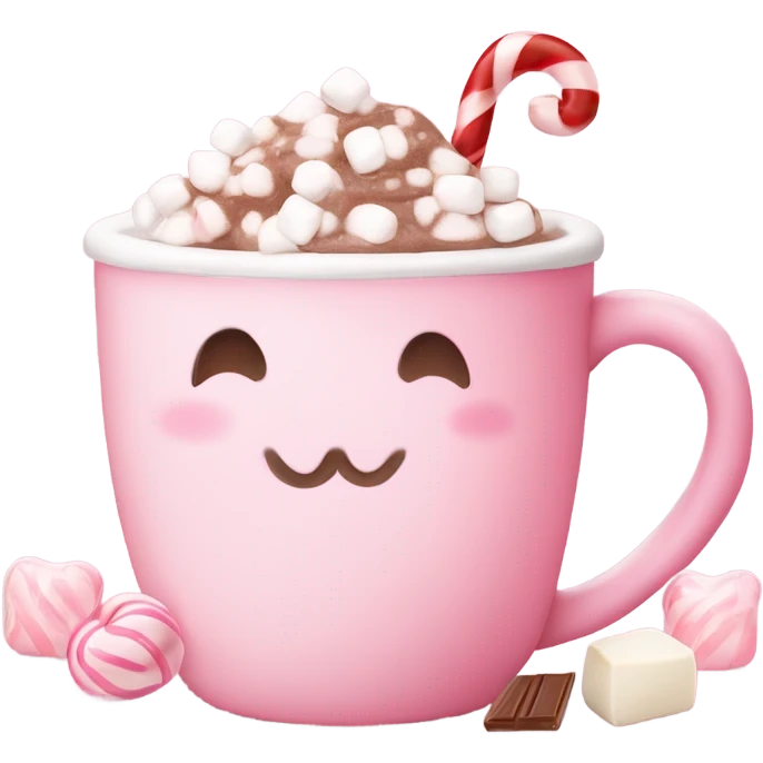 Aesthetic, coquette, hot chocolate that is super cute pink and pastel and adorable and has marshmallows in it and light pink and white candy cane is in it and there’s a little teddy bear on the mug of the hot chocolate emoji