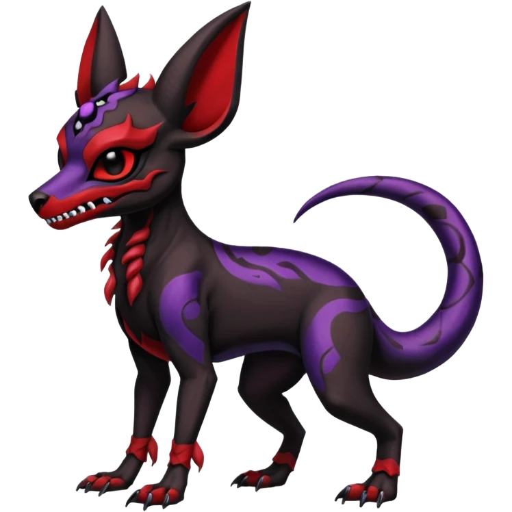 Gothic Black red purple Scaley Exotic Salandit-Umbreon-Houndoom-Fakémon-hybrid-creature (full body), 4 legs, skull face mask emoji