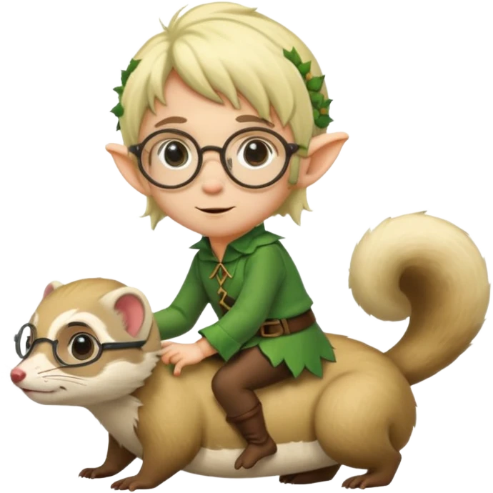 tiny forest elf blode hair with round glasses riding a ferret emoji