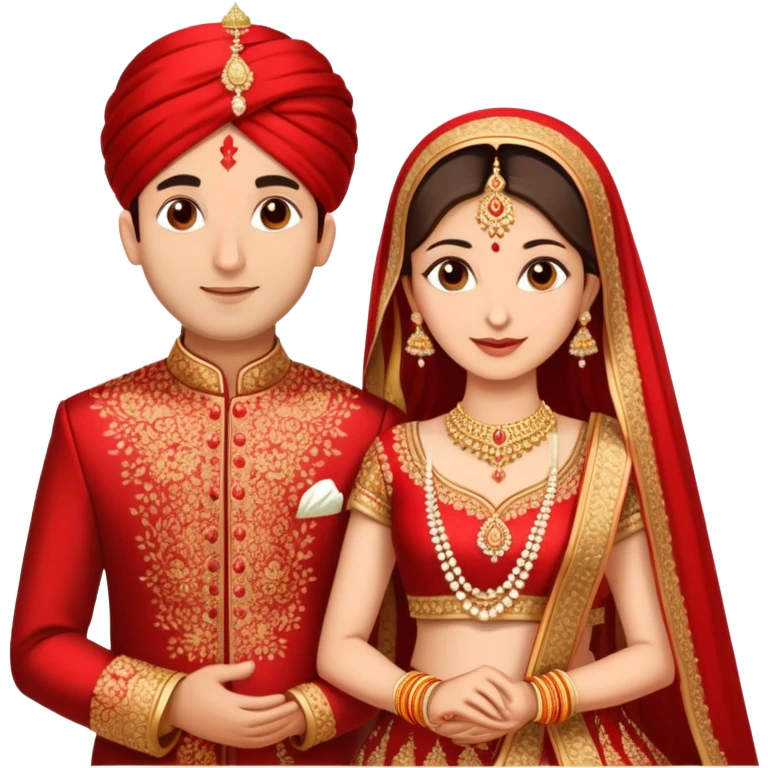 Indian married couple in traditional wedding attire, bride in red and gold wedding lehenga or saree, groom in sherwani, both with fair skin, groom is clean shaven emoji