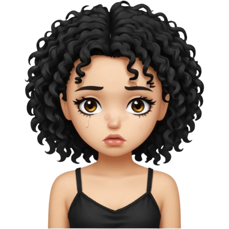 generate a pretty fair bratz girl with black messy curly hair looking sad . Wearing a black cami emoji