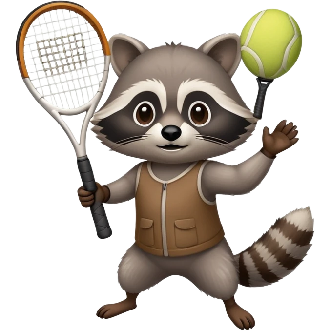 raccoon from a low angle holding tennis racket overhead emoji