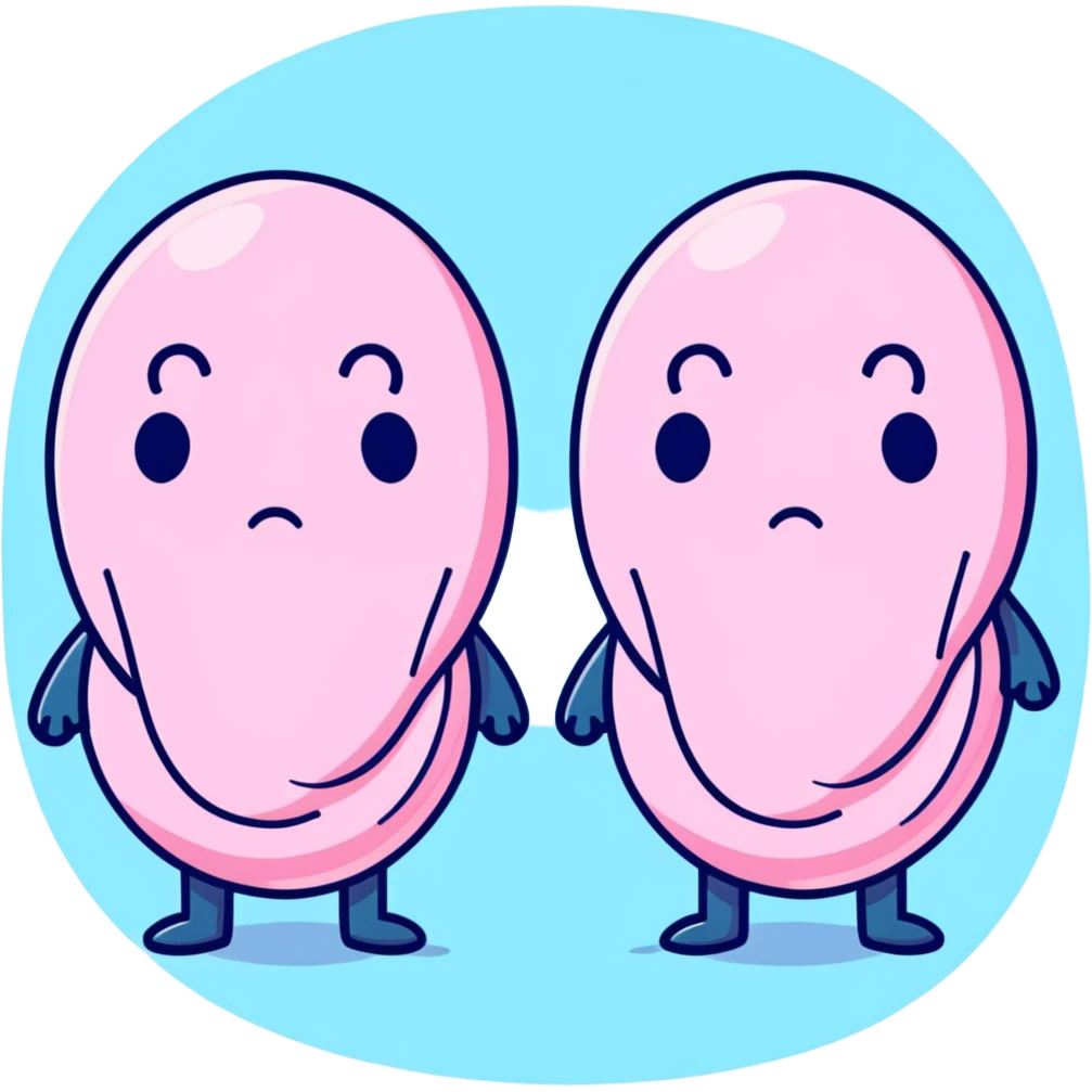 cartoon kidneys with stress lines and sweat, holding their sides, tired eyes, soft blue and pink tones, medical style emoji