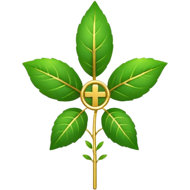 "A clean, friendly emoji of three vibrant green Tulsi (Holy Basil) leaves centered over a small, glowing golden cross or 'plus' sign, symbolizing healing. Simple, flat, 32x32 pixel icon style. Transparent background. Icon for natural healing and wellness." emoji