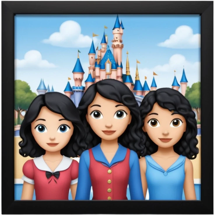escribe el nombre Disneyland Paris y para titulo, pon a quatro chicas: una pelo corto negro, una pelo rizado largo, una pelo largo liso y la otra pelo ondulado mediano, esta con el ojos azules. Haz un cuadrado rectangular grande y por los lados pon a las chicas que te he descrito emoji