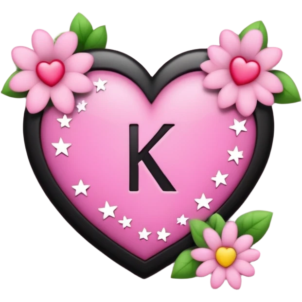 The letters KK in black font with a pink heart stars and flowers emoji