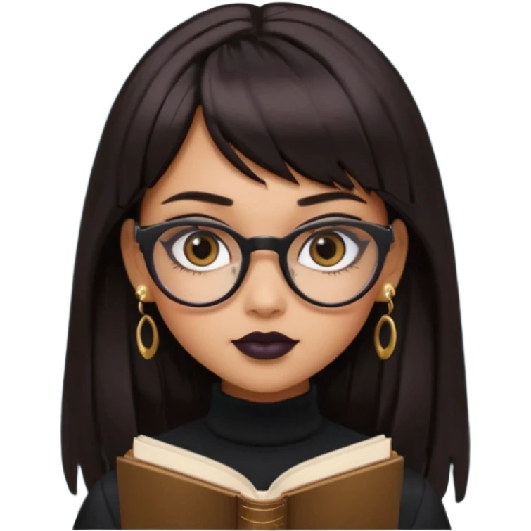 generate a pretty bratz girl with black small square spectacles, dark lipstick, gold stud earrings, black turtleneck , books in hand, dark brown straight long hair with bangs, eyeliner on,  emoji