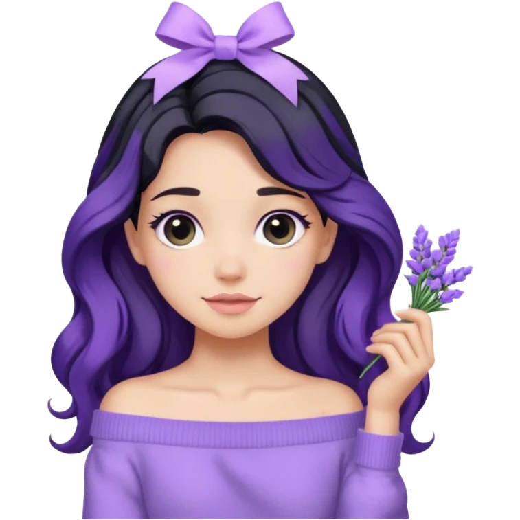 Girl with black wavy long hair and a lavender ribbon hair clip beside it make it look like wearing a lavender off shoulder sweater  emoji