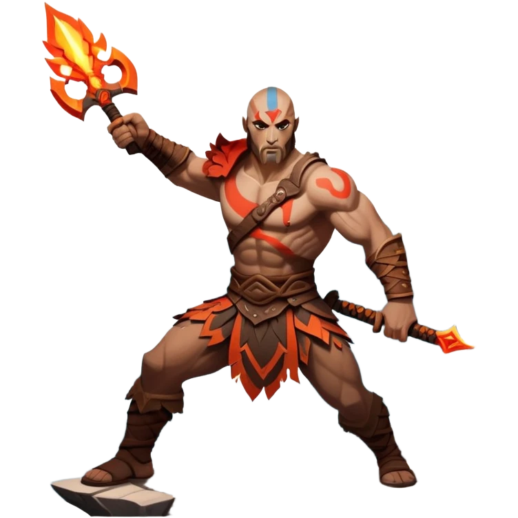 An icon showing a powerful warrior wielding a weapon, inspired by God of War: Ragnarok. The design captures the character’s strength, with dynamic motion lines. A fiery, mythological background with mountains and ruins enhances the epic atmosphere. Transparent background. emoji