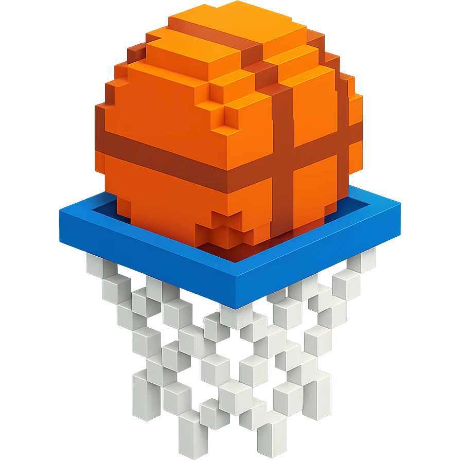 A voxel-style basketball in a net, detailed and intricate emoji