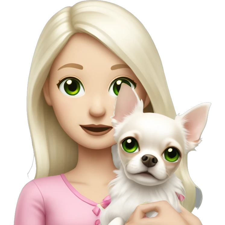 pale blond girl with long platinum white hair with bright green eyes holding a white chihuahua that wearing a pink bow emoji