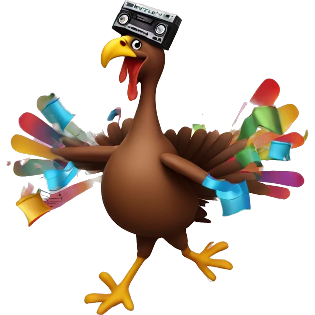 Dancing turkey with a boombox and music notes around it with confetti emoji