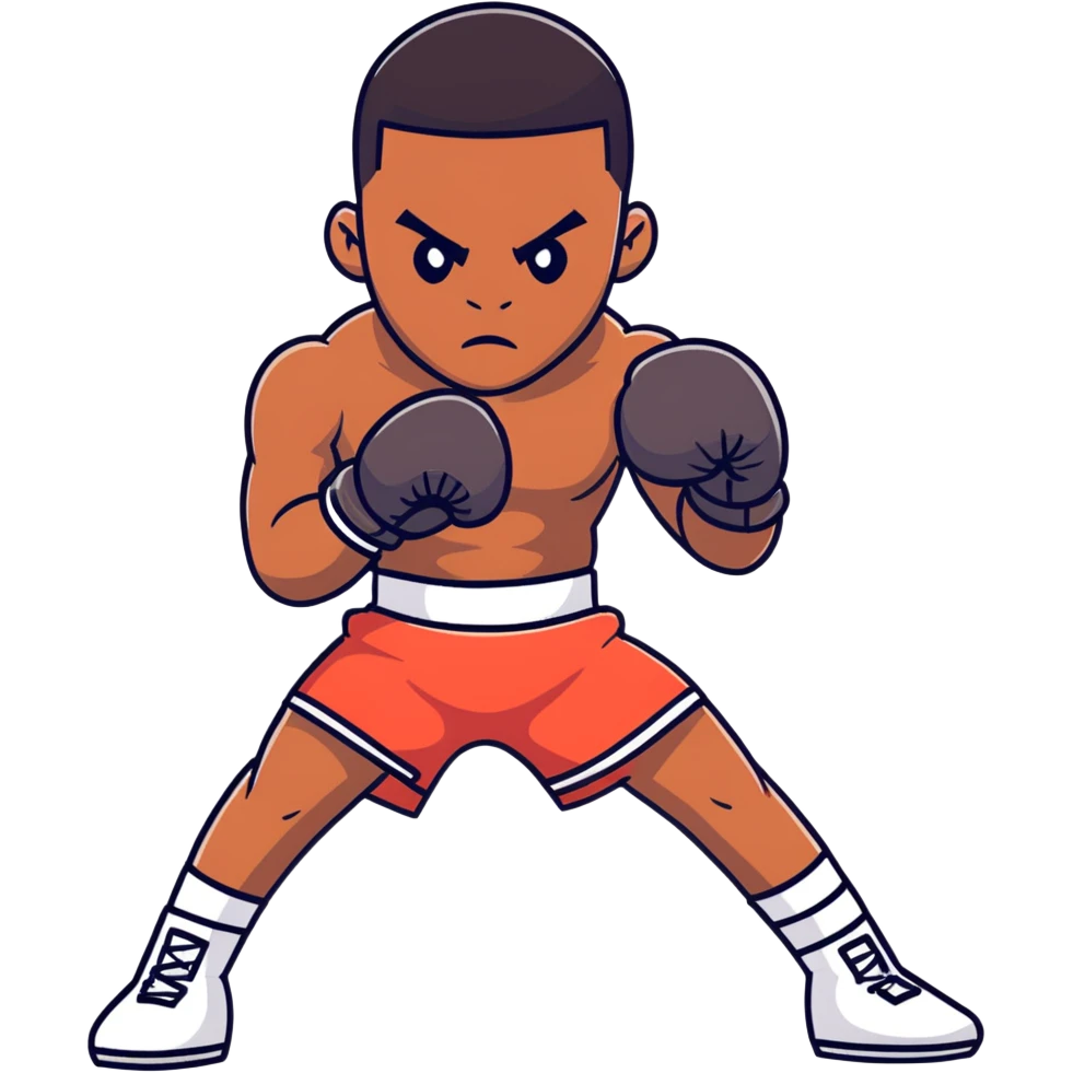 Full body view of a young 19-year-old lightweight Black male boxer in fighting stance, lean athletic physique, boxing gloves raised emoji