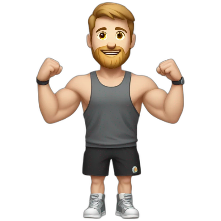 Close up Actively gesturing  with hands Pale skinned Fit Man With the biceps and brown hair in dark gray Sleeveless Mike, black oversize sports shorts, watch and white Sneakers emoji