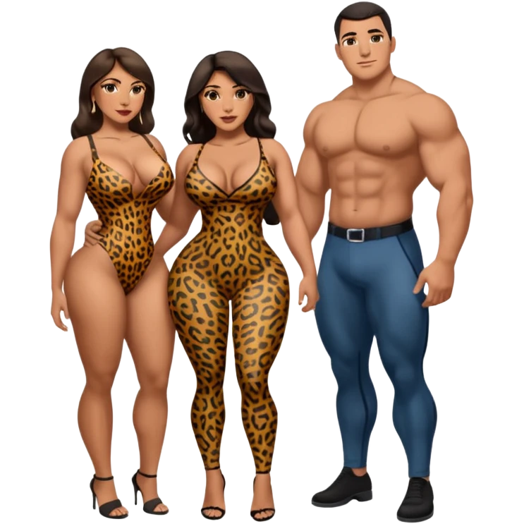 attractive full body latina with massive curves, breasts, and ass wearing a tight leopardskin dress with a full body man next to him with a large bulge in his pants in his crotch area emoji