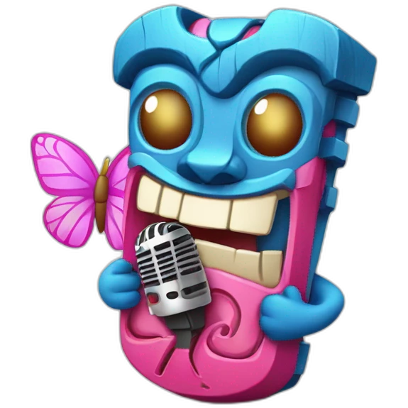 Cartoon Blue and pink tiki singing with butterfly and mikrophone emoji