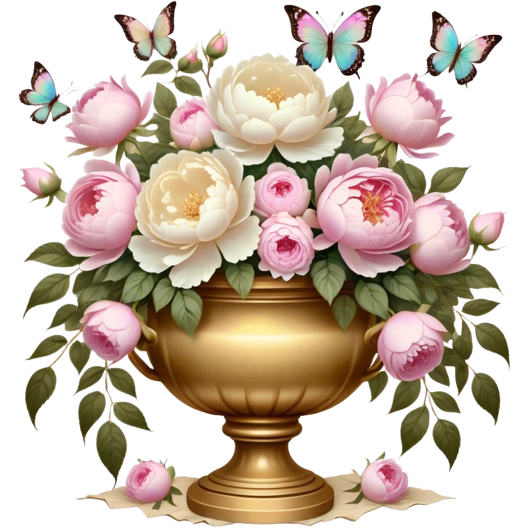An antique-inspired floral arrangement in an opulent golden urn, overflowing with soft pink roses and voluminous white peonies, with iridescent pearl butterflies delicately fluttering around the petals, set against an aged parchment background. emoji