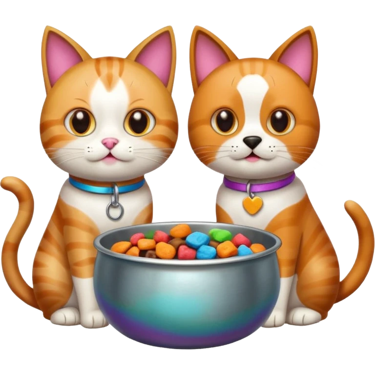 a cat and a dog eating treats from a bowl emoji
