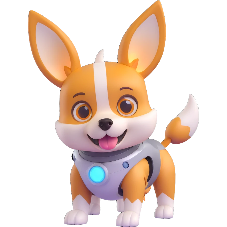 cute dog robot with pointy corgi-like ears, soft rounded body, glowy eyes and joints, friendly futuristic vibe, playful, slightly cartoonish, colorful with glowy accents, highly expressive face and posture, reaction angry emoji