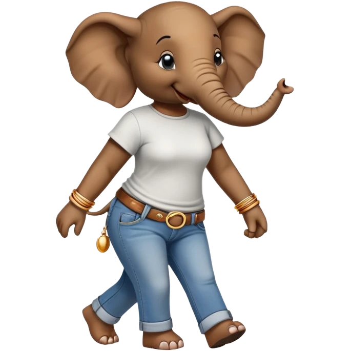 female anthropomorphised elephant in jeans and t-shirt, walking upright, wearing bangles and earrings emoji
