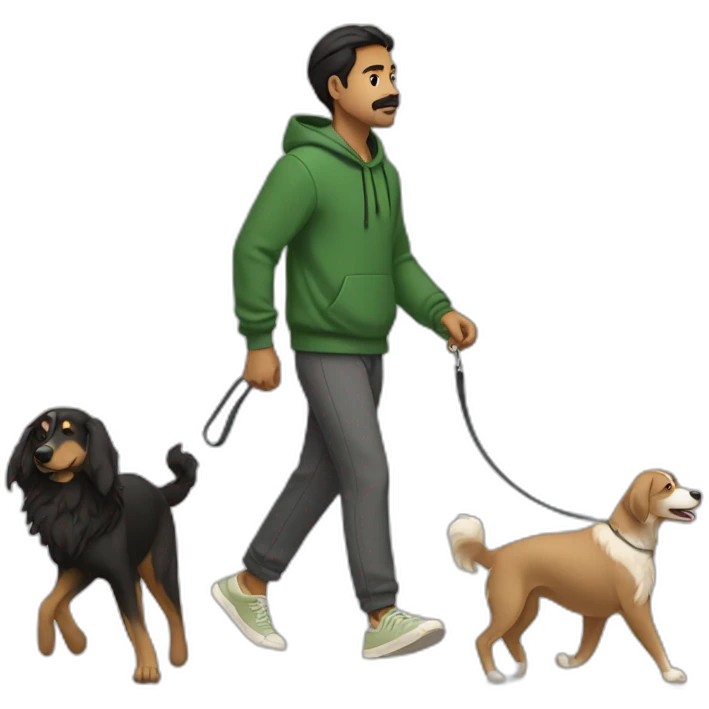 an indian man wearing a green sweatshirt, beige shoes, long hair, no beard, black shorts, walking, side profile, one hand raised slightly below waist level with leash in hand but no dog emoji