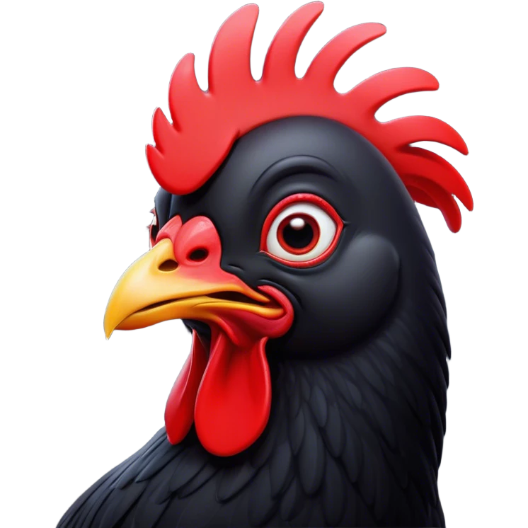 Cinematic Comical Black Chicken Portrait Emoji, Head tilted dramatically with an exaggeratedly amused expression, featuring a sleek, glossy black plumage with a bold red comb, wide, expressive beady eyes filled with playful disbelief, Simplified yet hilariously expressive features, highly detailed, glowing with a slightly sassy glow, high shine, dramatic yet playful, stylized with an air of cheeky mischief, bright and endearing, soft glowing outline, capturing the essence of a spirited and over-the-top chicken, so meme-worthy it feels like it could cluck its way into internet fame instantly! emoji