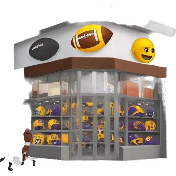 “Football store exterior with bold signage, large windows showcasing football gear, jerseys, and accessories, and a dynamic, athletic design reflecting the energy of the sport.” emoji