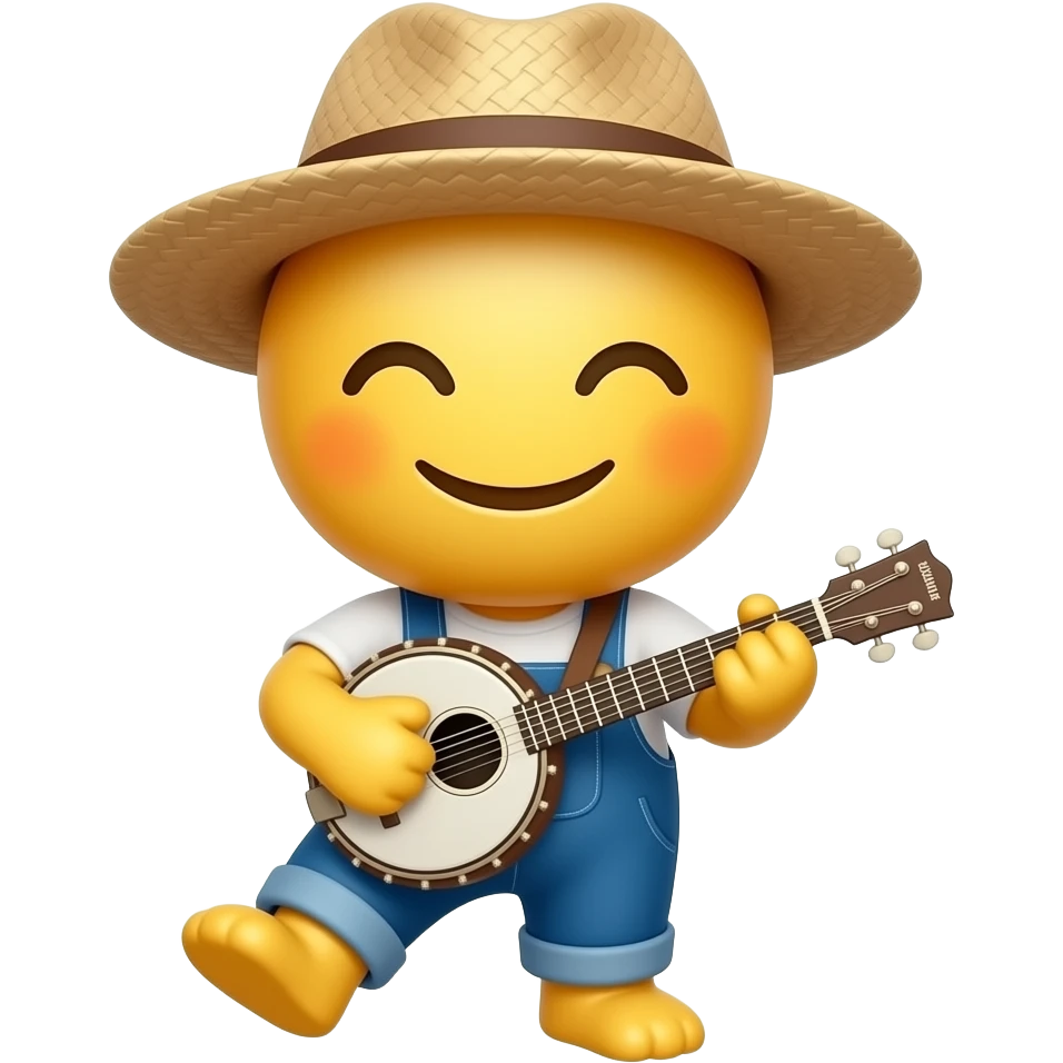 Little mini yellow emoji smiling, wearing straw hat playing banjo stomping his foot, top view, wearing coveralls, eyes closed emoji