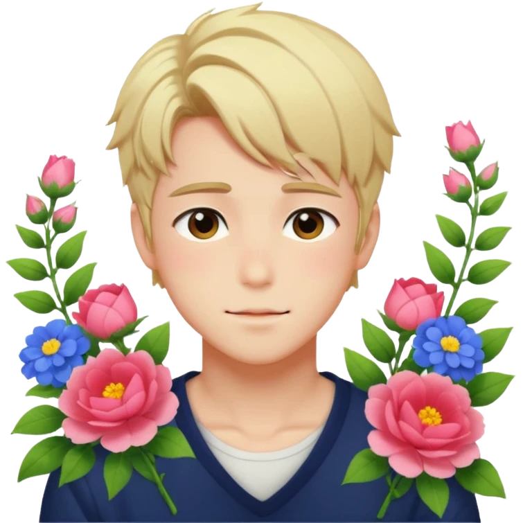 Gorgeous bright sparkly romantic anime style guy with blushing face and flowers aesthetic trending style outside emoji