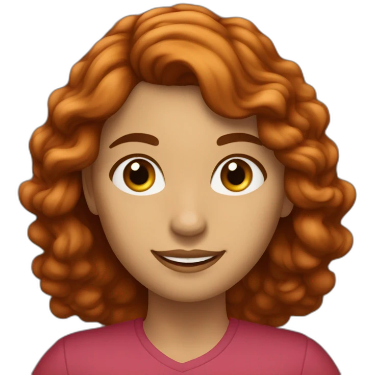 mujer con pelo pelirrojo, ondulado largo y hasta el pecho, con ojos marrones verdosos y muy sonriente con una mano levantada emoji