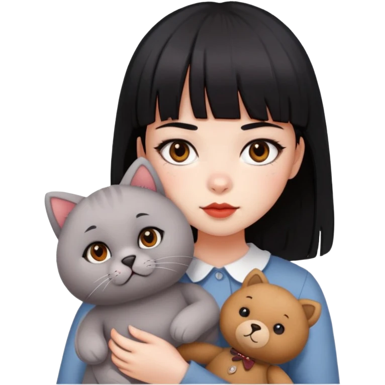  A girl with black eyes, red cheeks, black hair with straight bangs, and white face is holding a British gray cat and a brown teddy bear  emoji