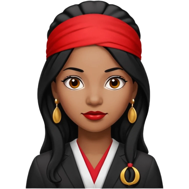 30-year-old Black woman, lawyer, long black hair, red headband, strong and sharp, wearing small round earrings emoji