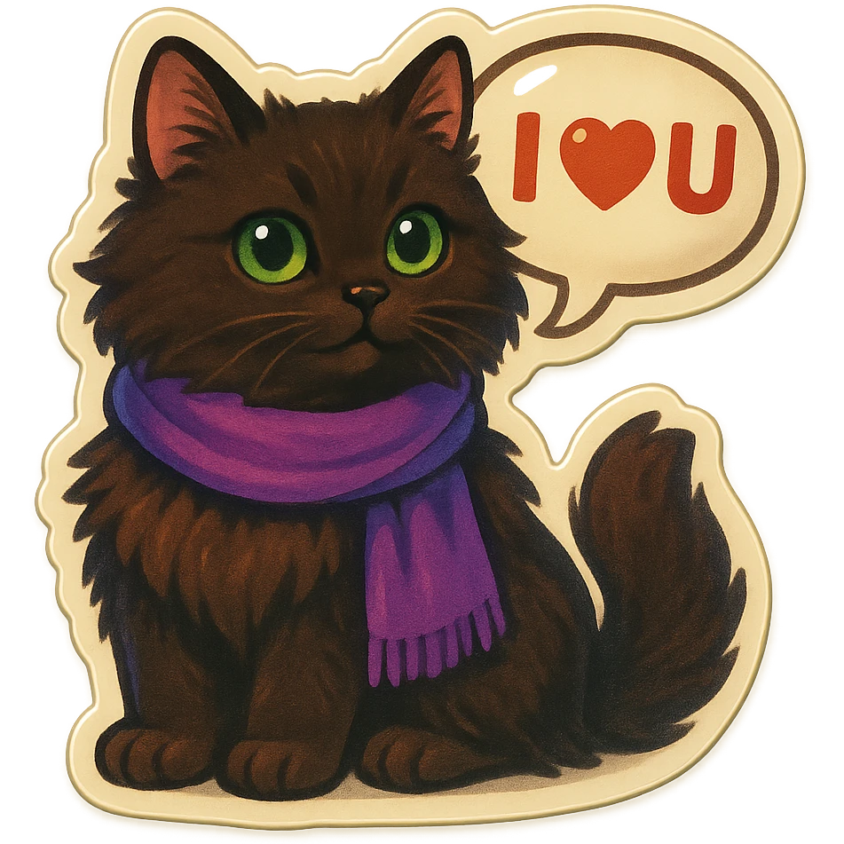 Fluffy dark-brown cat with green eyes and a purple scarf saying ‘I ♡ U’ (with a speech bubble) emoji