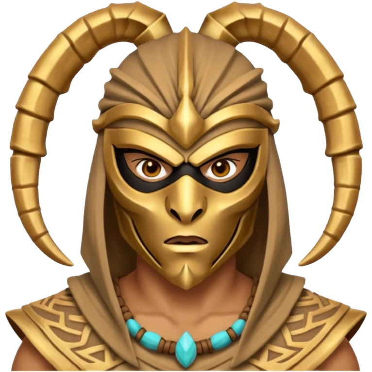 desert scorpion guard portrait, head and shoulders only, tribal mask, gold desert jewelry, fierce expression, sandy hood, 3D cartoon, mobile game icon style, clean background, no text, no watermark
 emoji