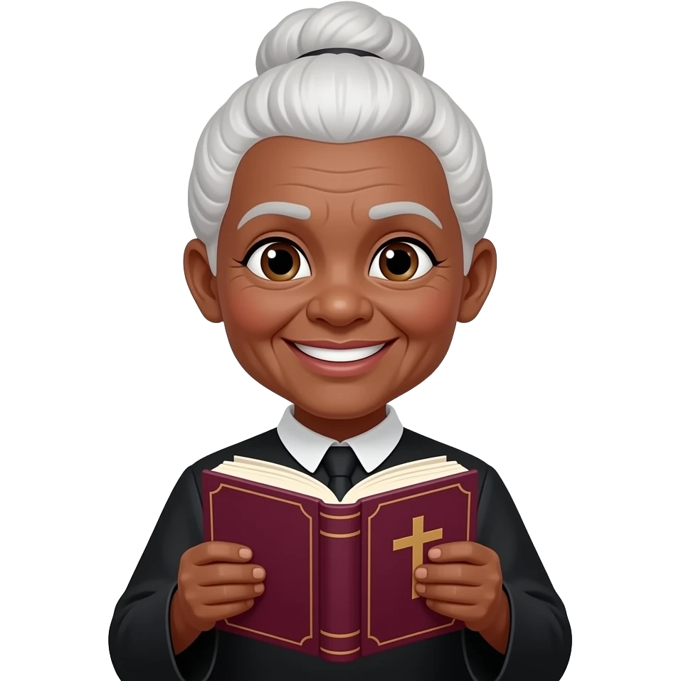 wise old woman with white hair in a bun black skin smile with burgundy book that has a cross on it emoji