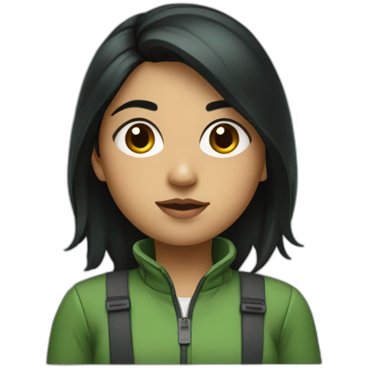 South Asian girl who wears green jacket and has a black hair, with a tiny black mark on her right cheek, closer to nose emoji