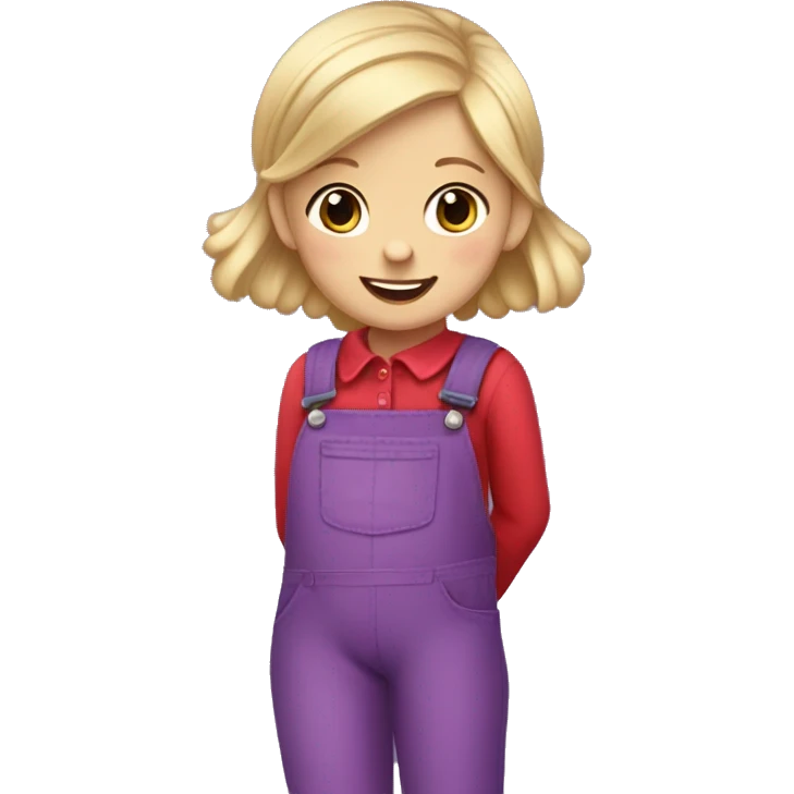 A little blonde girl with pigtails and little purple bows wearing a red long-sleeved shirt and purple overalls with blue tights with green polka dots and purple sneakers. emoji