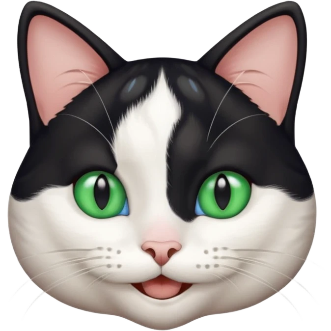 tricky black and white cat, blue and green eyes, smiling emoji