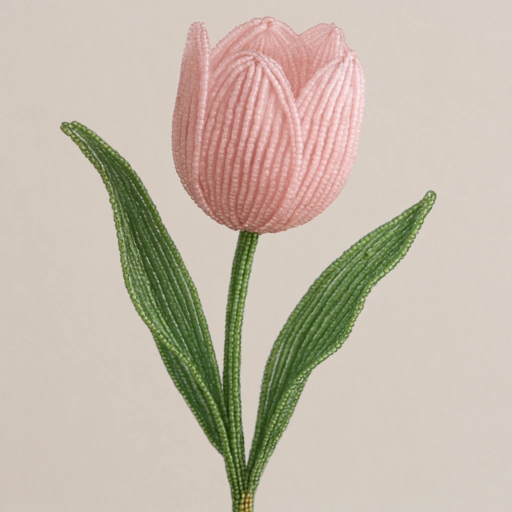 delicate french beaded tulip, baby pink petals, shimmering glass beads, handcrafted floral art, elegant and realistic emoji