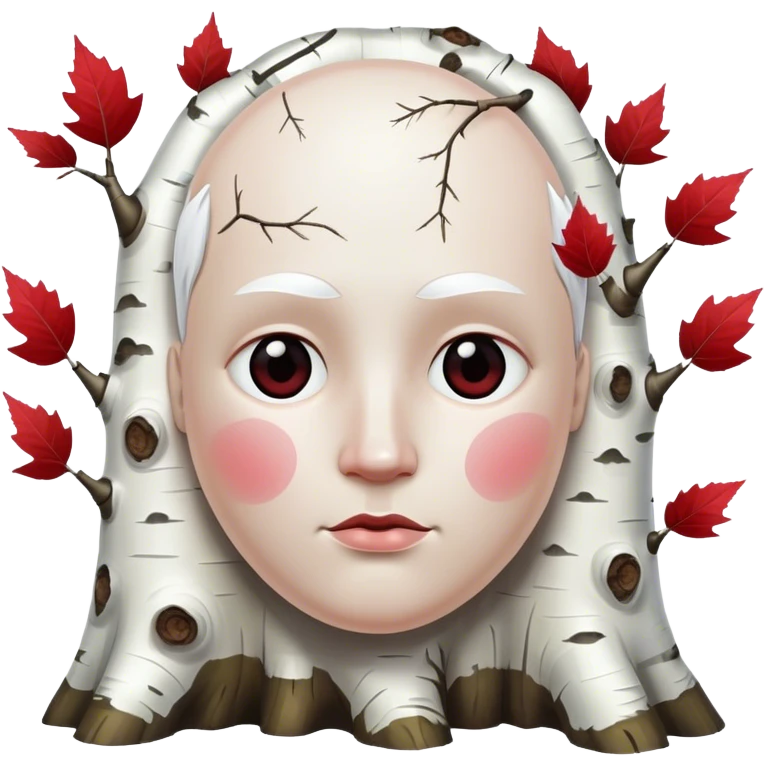 angry big white head made of birch tree with lack marks and red leaves emoji