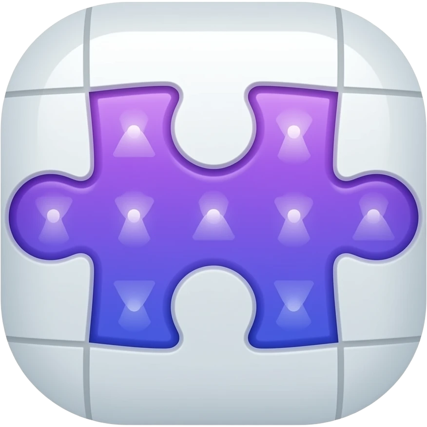 Minimalist iOS-style emoji of a 4-piece puzzle, clean and smooth design, one piece highlighted in glowing purple dotted , soft gradients, glossy finish, centered composition, neutral background emoji