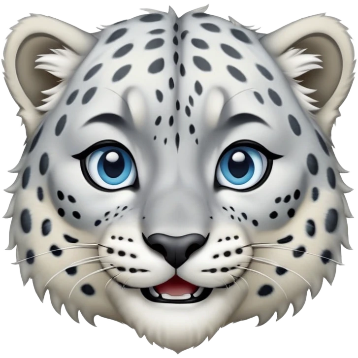 Cinematic-Comical-Snow-Leopard-Portrait-Emoji – Head tilted dramatically with an exaggeratedly amused expression, featuring a thick, spotted white-and-grey coat with a dense ruff around the neck, wide, piercing icy blue eyes filled with playful disbelief zoomed out showing the shoulders emoji