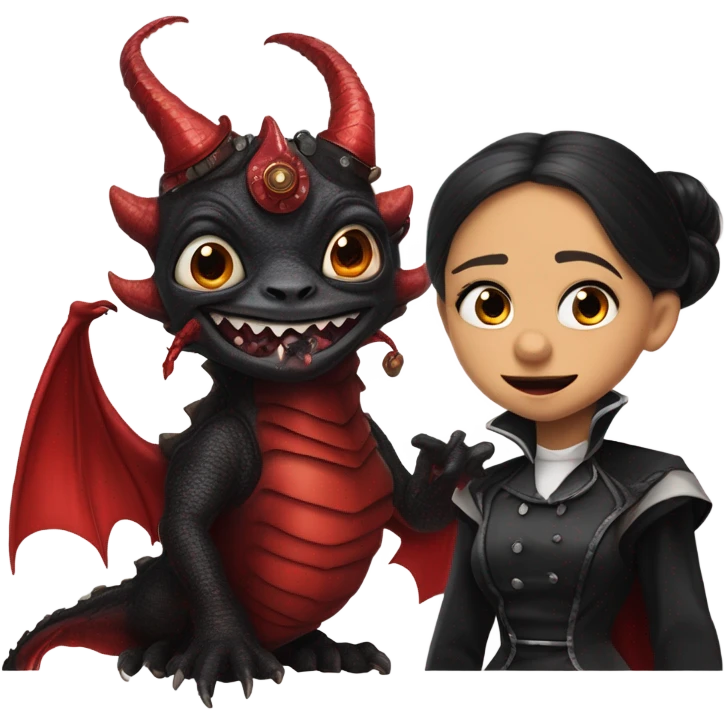 surprised Lavish Victorian evening gown with gloves, Jenna Ortega as Addams girl Jedi wearing a steampunk mini tiara, very large blood red evil-looking horned dragon emoji